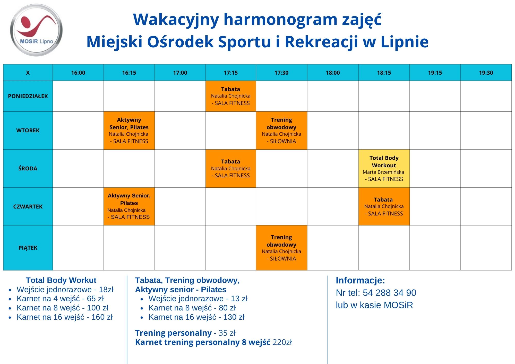 WAKACYJNY HARMONOGRAM ZAJĘĆ FITNESS